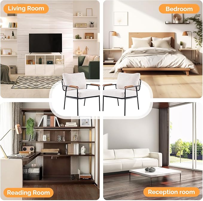 VINGLI Mid-Century Modern Accent Armchiars Set of 2 for Small Space, Small Comfy Upholstered Leisure Reading Chairs with Wood Armrests for Bedroom, Living Room, Waiting Room, Linen Beige
