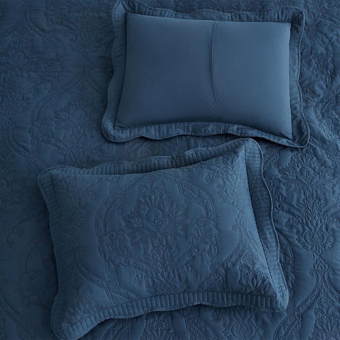 CHIXIN Bedspread Coverlet Quilt Set Full Size - Lightweight Bedding Cover - Beautiful Stitching - 5 Piece Reversible Bedspread - Gorgeous Damask Paisley Pattern (Full, Navy)
