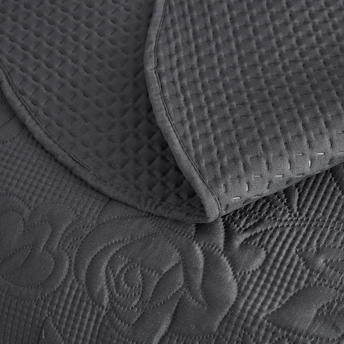 CHIXIN Bedspread Coverlet Quilt Set Full Size - Lightweight Bedding Cover - Ultrasonic Quilting - 5 Piece Reversible Bedspread - Vintage Rose Pattern (Full, Dark Grey)