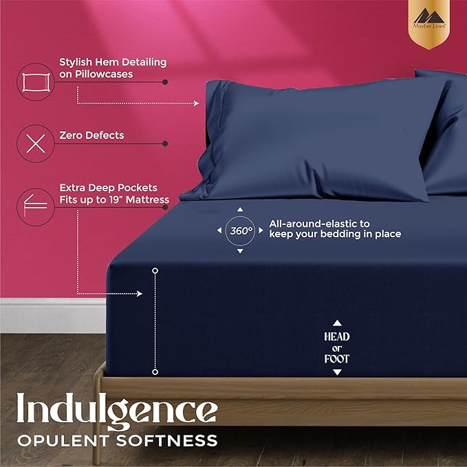 Mayfair Linen 100% Egyptian Cotton Sheets King Size - 1200 Thread Count King Size Sheets Set Egyptian Cotton, 4 PC Luxury Bedsheet (Navy Blue), Soft, Cooling, 17" Deep Pocket Sateen Weave Bedsheet Set
