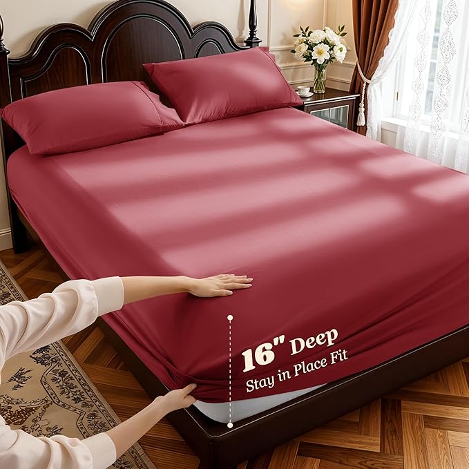 LBRO2M 1000 Thread Count 100% Egyptian Cotton Sheets Set California King Size, 4 Piece Sets Bed Sheet Deep Pocket Sheet Set 16" Soft Comfortable All Season (California King, Burgundy)