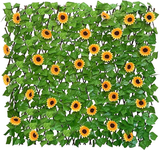 GLANT Expandable Fence Privacy Screen for Balcony Patio Outdoor,Decorative Faux Ivy Fencing Panel,Artificial Hedges (Single Sided Leaves) (2, Sunflowers)