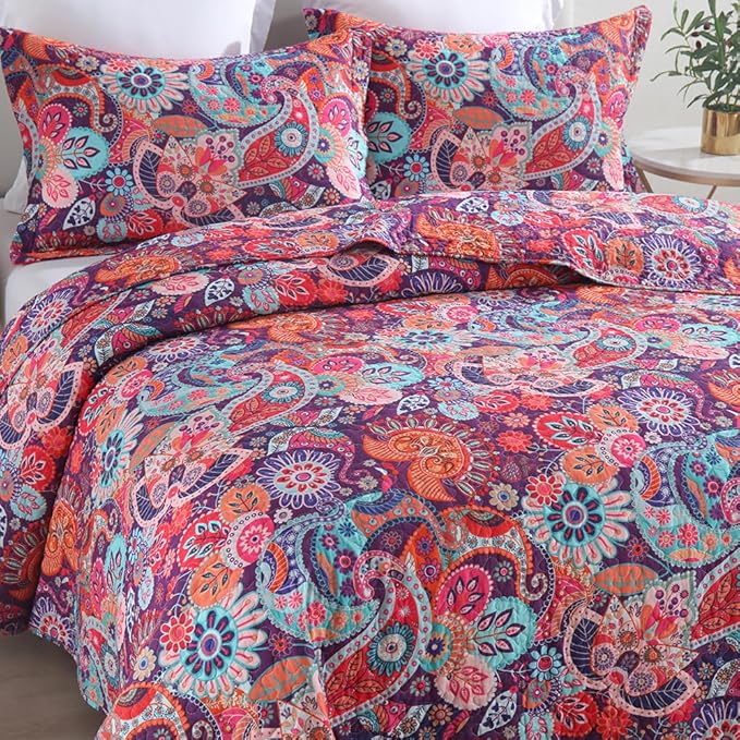 Cotton Bedspread Quilt Sets Reversible Bedding Coverlet Sets Comforter Paisley Floral Bohemian Bedspread,Bohemian Red Gorgeous Pattern,King Size