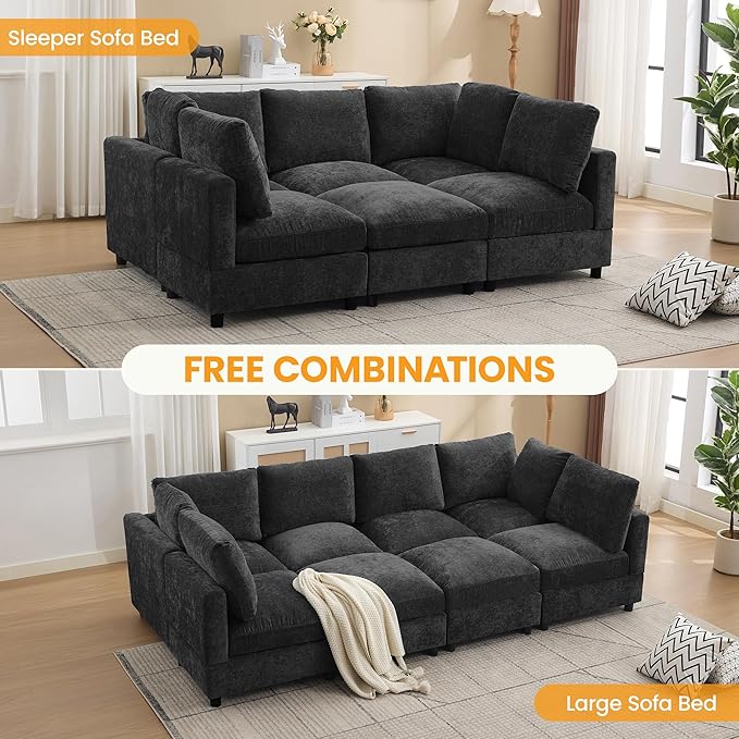 116'' Modular Sectional Cloud Sofa Bed, 8-Seater Convertible Sofa Couch with Ottoman, Modern Deep Seat Sleeper Sofa for Living Room, Chenille Dark Grey