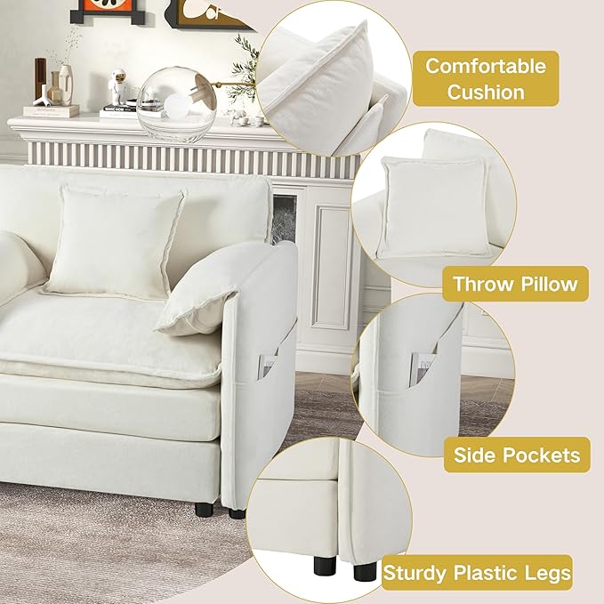 KEIKI Oversized Accent Chair Set of 2, Comfy Chenille Upholstered Armchairs with Side Storage Pockets, Deep Seat Reading Chairs for Living Room, Bedroom, Apartment, Beige