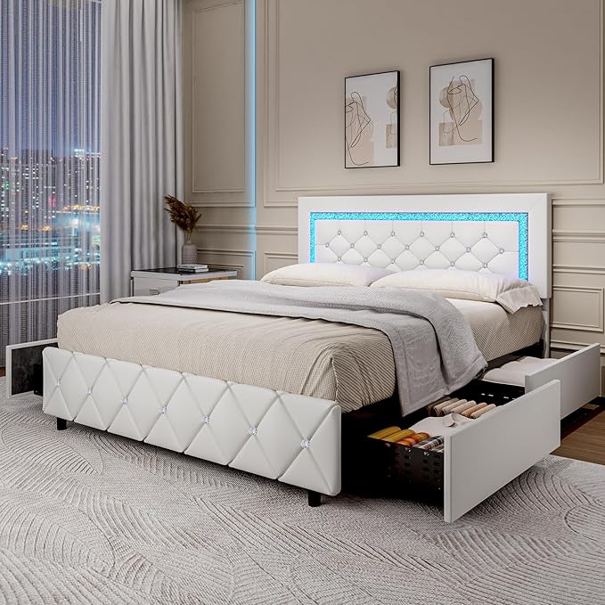 BarnFurin Queen Bed Frame with LED Lights, Upholstered Bed Frame with Storage Drawers, Princess Platform Bed with Diamond Headboard and Footboard, No Box Spring Needed, White