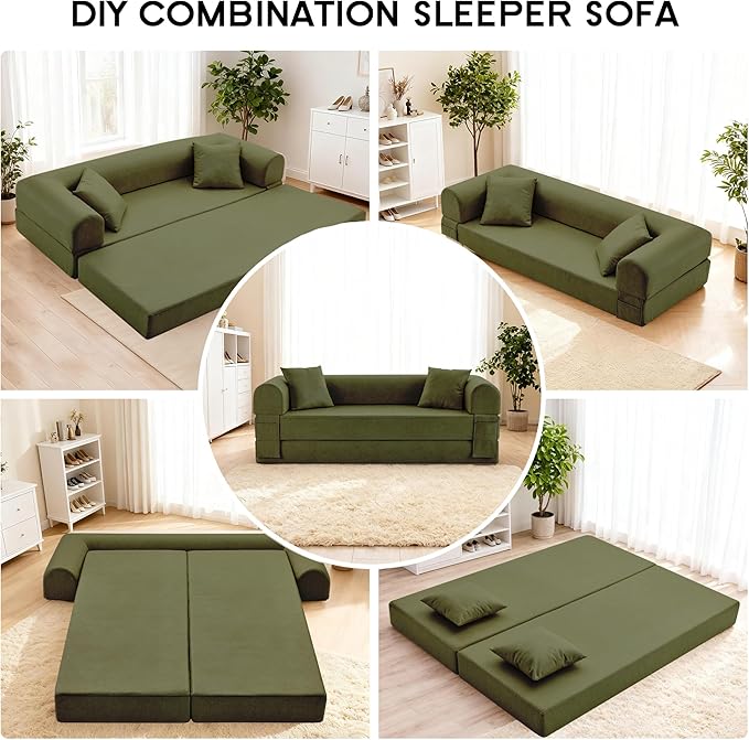 78.5" Convertible Sleeper Sofa Bed, Faux Leather Deep Seat Folding Floor Sofa with Pullout Bed & 2 Pillows, No Assembly Modern Boneless Couch Compression Sofa in Box for Living Room, Office, Green