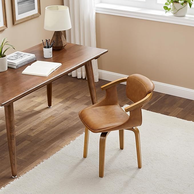 Art Leon Mid Century Modern Chair - Home Office Desk Chair Without Wheels, Faux Leather Comfy Swivel Accent Armless Chair for Living Room Bedroom Study, Retro Brown