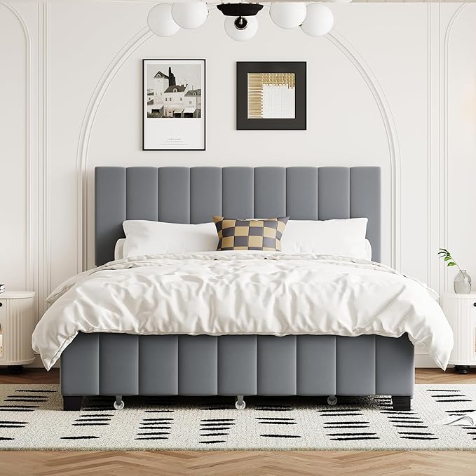 Queen Bed Frame with Trundle Bed,Velvet Upholstered Platform Bed Frame with Storage Drawers,Queen Size Trundle Bed with Headboard for Kids Teens Adults,Gray