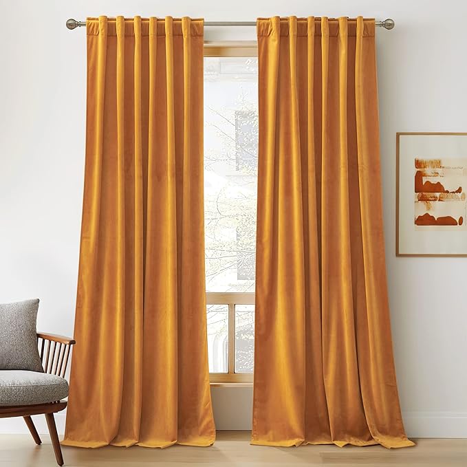 RYB HOME Gold Velvet Curtains 102 inches, Back Tab Soft Fabric Room Darkening Thermal Insulated Luxurious Home Decor Curtains for Living Room Bedroom, W 52" x L 102", 2 Panels Set