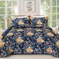 WONGS BEDDING Quilt Queen Size, Navy Blue Quilt Bedding Set with 2 Pillowcases, Botanical Quilt for Queen Bed, Soft Microfiber Lightweight Coverlet Bedspread for All Season (96"×90", 3 Pieces)