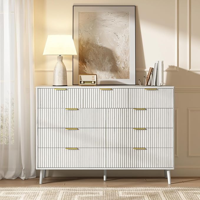 CARPETNAL Fluted 9 Drawer Dresser for Bedroom, 55" Wide Wooden Chest of Drawers with Rounded Corners, Gold Handles, Modern Storage Organizer for Bedroom, Hallway(White)