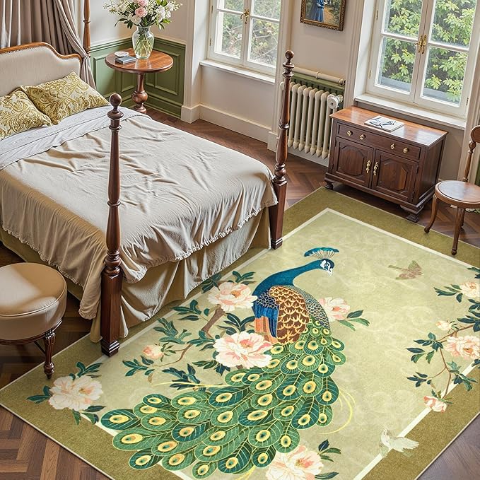 Lahome Peacock Washable Rugs 5x7, Soft 5x7 Rugs for Living Room Bedroom, Floral Vintage Non-Slip Low Pile Stain Resistance Carpet for Farmhouse Dining Room Office, Beige