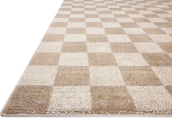 Loloi Chris Loves Julia Calvin Collection CLV-01 Pebble/Ivory 7'-10" x 10' Area Rug Checkered Neutral Soft Living Room Bedroom Carpet