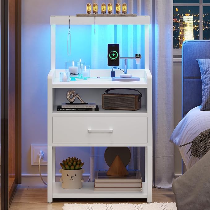 VIAGDO Nightstand with Charging Station and LED Lights, White Night Stand with Drawer, Modern End Side Table with Open Storage Shelves, Bedside Tables for Bedroom, Office