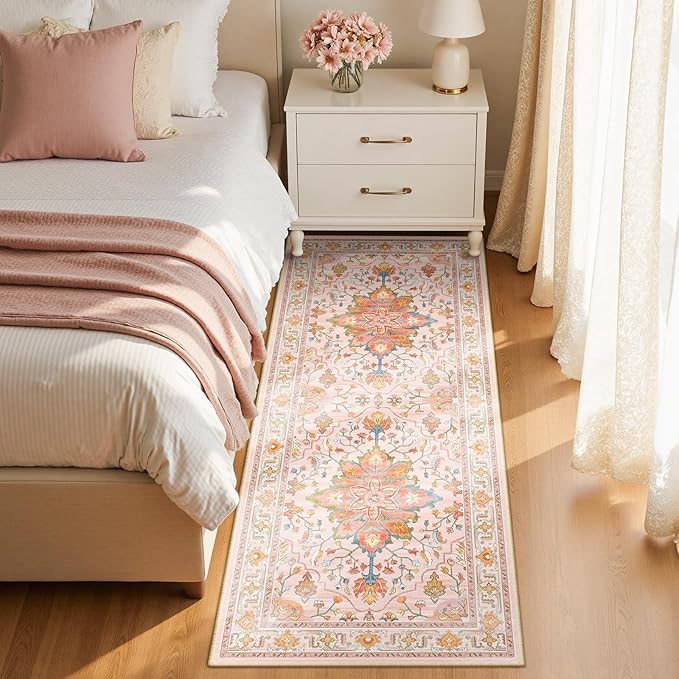 Area Rugs 2'x6' Washable Non-Slip, Floral Vintage Distress Print Pattern Medallion Carpet for Living Room Bedroom Dining Room, Light Pink Colorful