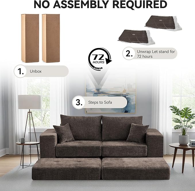 Boneless Sectional Loveseat Couch with Ottoman, Convertible Tufted Button Modular Floor Sleeper Sofa Bed, Comfy Foldable Compression Love Seat Sofa for Living Room, No Assembly, Brown