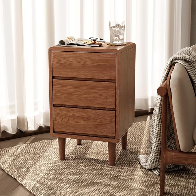 Tall Nightstand Walnut Night Stand with 3 Drawers Mid Century Modern Nightstand with Storage,Solid Wood Night Stand,Small Bedside Table for Bedroom,Living Room,Office,Walnut Bedside Table