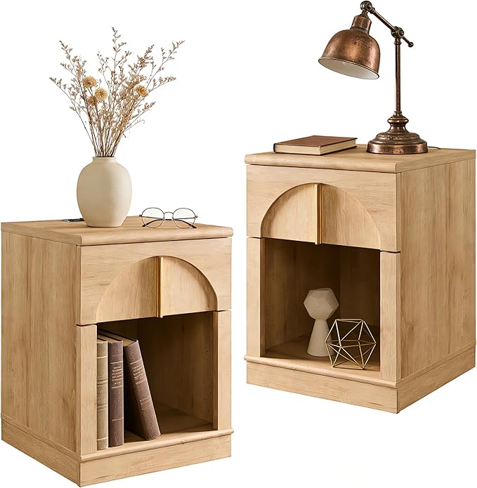 ACCOHOHO Modern Night Stand Set 2 with Arched Panel,18" Wooden nightstand with Charging Station,Bedside Table with Drawer Storage,Side End Table with Open Shelf for Bedroom,Living Room,Natural Oak