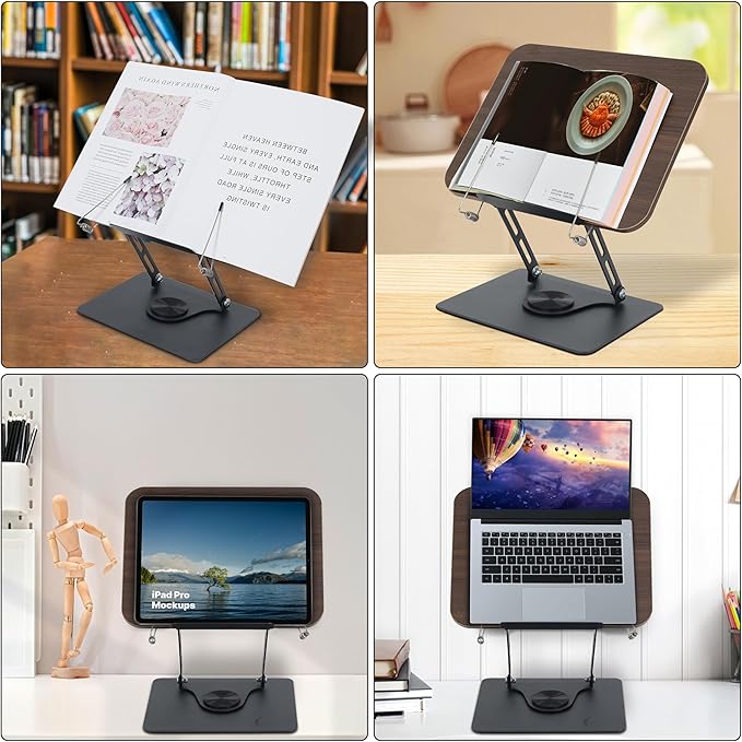 Book Stand for Reading, Multi-Angle & Height Book Holder with 360° Swivel Base, Lightweight Foldable Cookbook Stand for Kitchen, Office, Textbook, Recipe, Music Scores, Kindle, Tablet