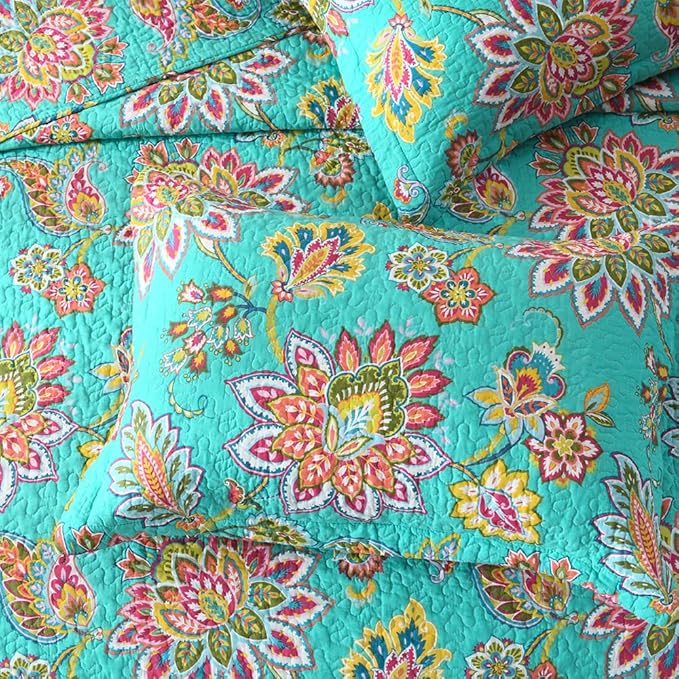 Cotton Bedspread Quilt Sets Reversible Bedding Coverlet Sets Comforter Paisley Floral Bedspread (Green Vintage Floral, King Size)