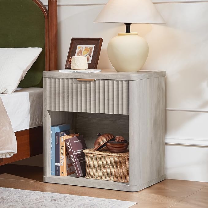 LEYAOYAO 23" Wide Fluted Farmhouse Night Stand Set of 2 with Charging Station, 1 Drawers Large End Table w/Metal Handle, LightGrey Nightstand Bedside Table,Wood Dresser for Bedroom, Closet