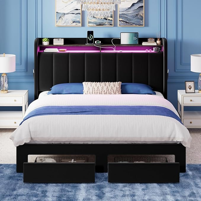 Allewie Velvet Vertical Tufted Full Size Upholstered Platform Bed Frame with 2-Tier LED Storage Headboard & 2 Storage Drawers, USB & Type-C Charging Ports, Noise-Free/No Box Spring Needed, Black