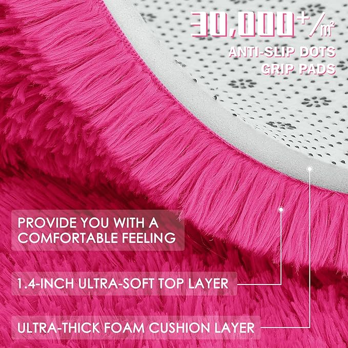 OLANLY Hot Pink Round Rugs for Bedroom - Machine Washable, 6 ft Circle Area Rugs for Living Room, Soft and Fluffy Shaggy Carpet for Teen Girls and Boys, Nursery Rooms, Dorms, Home Decor Aesthetic