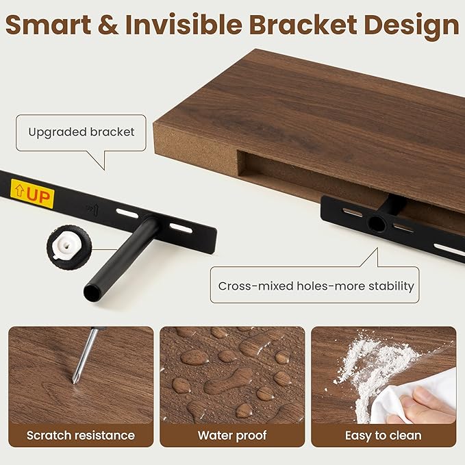 48 Inch Floating Shelves for Wall, 8 Inch Deep Floating Shelf for Storage & Display, Rustic Wall Mounted Shelf with Invisible Brackets for Living Room, Kitchen, Bathroom, Home Decor, Set of 2, Walnut