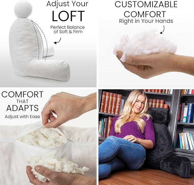 Husband Pillow Medium Black, Backrest for Kids, Teens, Petite Adults - Reading Pillows with Arms, Adjustable Loft, Plush Memory Foam, Bed Rest Chair for Sitting Up, Detach Neck Roll, Removable Cover