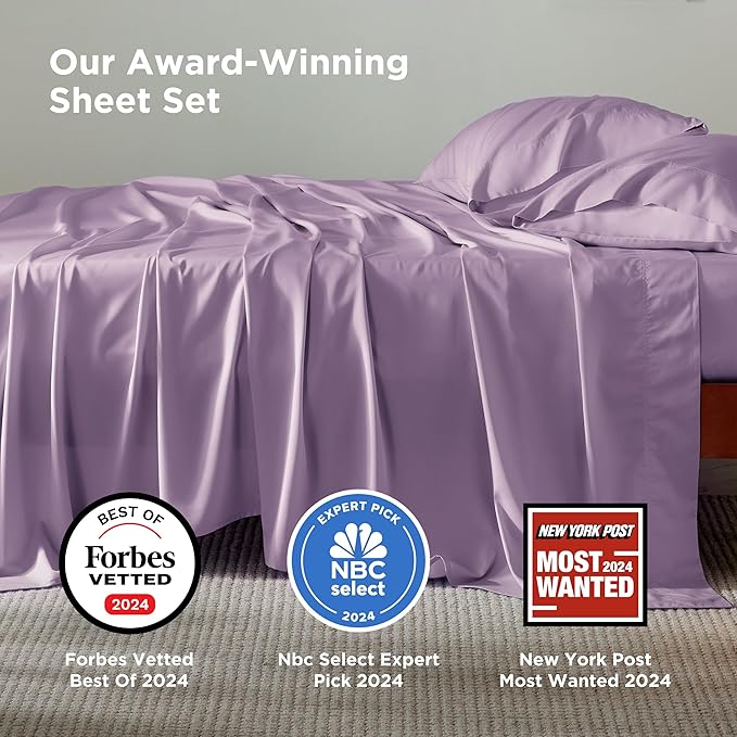 Bedsure Queen Sheet Set, Rayon Derived from Bamboo, Cooling Sheets, Breathable & Soft, Deep Pocket Up to 16 Inches, Hotel Luxury Silky Bedding for Hot Sleepers, Lilac