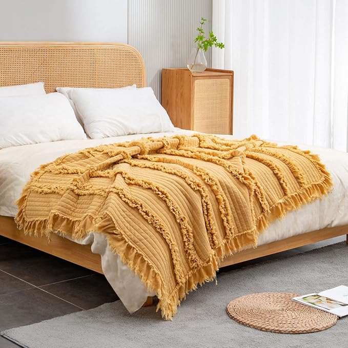 Ultra Soft Pre-Washed Warm Quilted Throw Blanket, Ruffle Fringed Yellow Boho Decorative Throw, Stone Washed Chic Rustic Blanket for Sofa Couch Bed Chair, 50"x 60"
