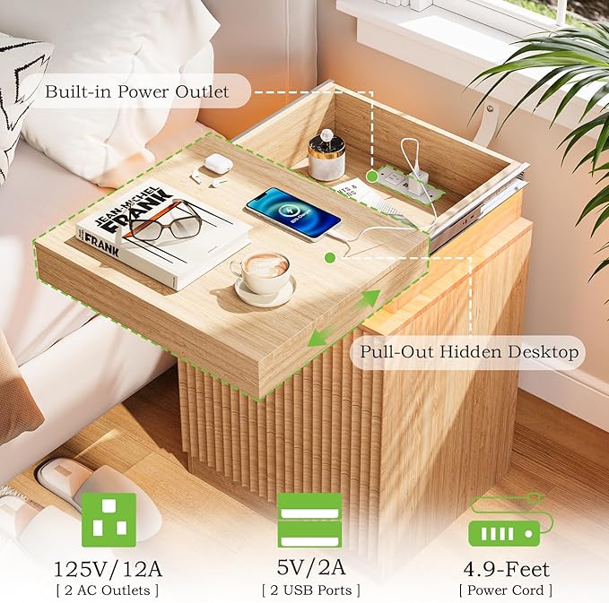 Nightstand with Charging Station & LED Lights, Small Modern Fluted Bedside & End Table with 3 Drawers, Sliding Top & Hidden Storage, Wooden Farmhouse Night Stand for Bedroom Office Sofa, Natural Oak