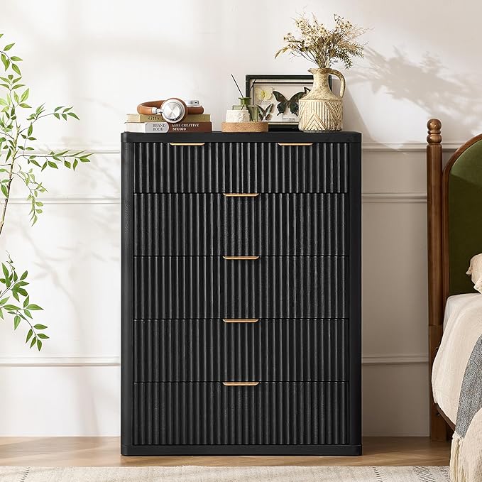 LEYAOYAO 42" Tall Fluted Dresser and 3 Drawers 23" Nightstand Set of 2, Wooden Dresser & Night Stand with Charging Station, 3 Piece Bedroom Furniture Set, Wood Chest of Drawer for Living Room,Black