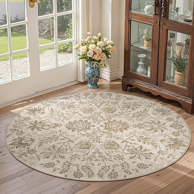 jinchan Torino Classic Floral Round Rug 5ft, Vintage-Inspired Neutral Design 5’Circle Rug, Machine Washable Ultra-Thin Low-Pile Non-Slip Indoor Carpet for Bedroom Living Room Entryway Taupe