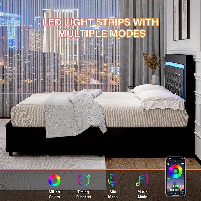 BarnFurin King Size Bed Frame with LED Lights and Storage Drawers, Upholstered Platform Bed with Crystal Tufted Headboard, Wooden Slats Support, No Box Spring Needed, Easy Assembly, Black