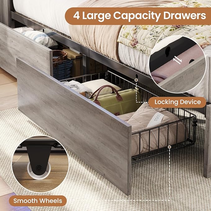 VIAGDO Farmhouse Bed Frame Twin Size with Bookcase Storage Headboard, Charging Station and LED Lights, Wooden Twin Bed Frames with 4 Drawers, Barn Door Design, No Box Spring Needed, No Noise, Grey