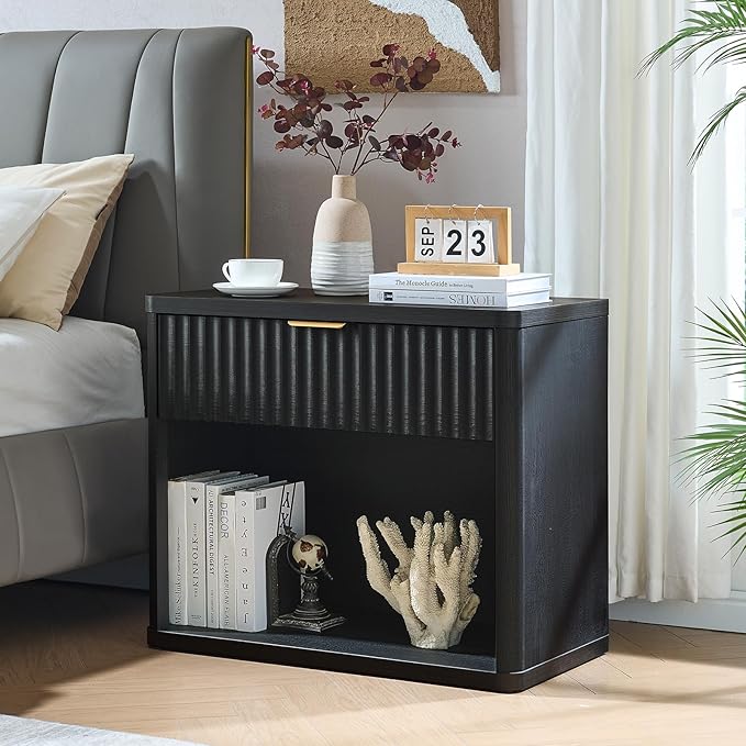 LEYAOYAO 31" Wide Fluted Nightstand Set of 2 with Charging Station, Oversized Extra Large 1 Drawer Night Stand with Golden Handle, Black Wood Bedside Table Tall End Tables,for Bedroom, Living Room
