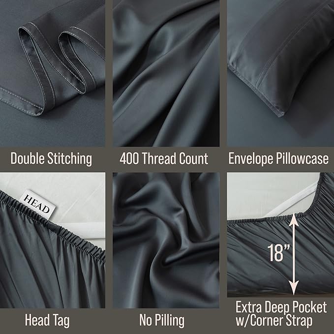 Bella Coterie 7 Piece Luxury Bamboo Viscose Split King Size Sheet Set | 2 Fitted Sheets for Adjustable Beds | 100% Organically Grown | Cooling for Hot Sleepers | 4 Pillowcases [Charcoal Grey]