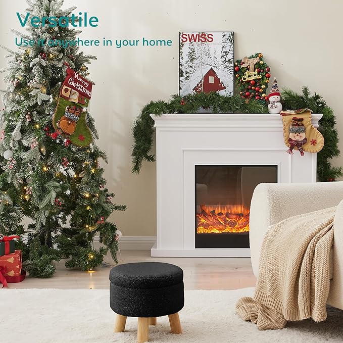 FIMIVIBI Small Foot Stool Ottoman with Storage, Sherpa Ottoman Foot Rest for Couch, Round Footstool with Storage, Small Ottomans and Footstools for Living Room and Entryway (Black)