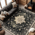 Area Rugs 6'x8' Washable Non-Slip, Floral Vintage Distress Print Pattern Medallion Carpet for Living Room Bedroom Dining Room, Black Brown Neutral Dark Tan