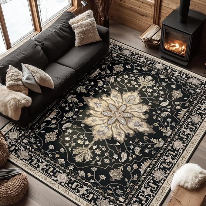 Area Rugs 6'x8' Washable Non-Slip, Floral Vintage Distress Print Pattern Medallion Carpet for Living Room Bedroom Dining Room, Black Brown Neutral Dark Tan