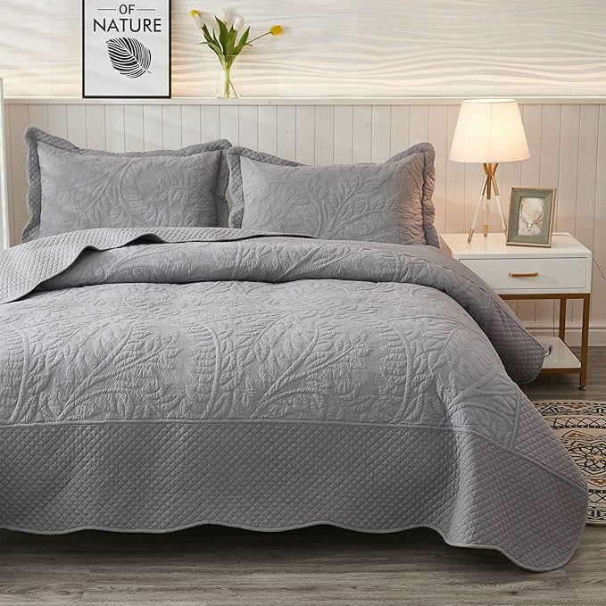 MarCielo 3-Piece 100% Cotton Oversized Bedspread Lightweight Quilt Coverlet Embroidery Farmhouse Bedding Set T0 (Light Grey, Oversized Queen (100"x106"))