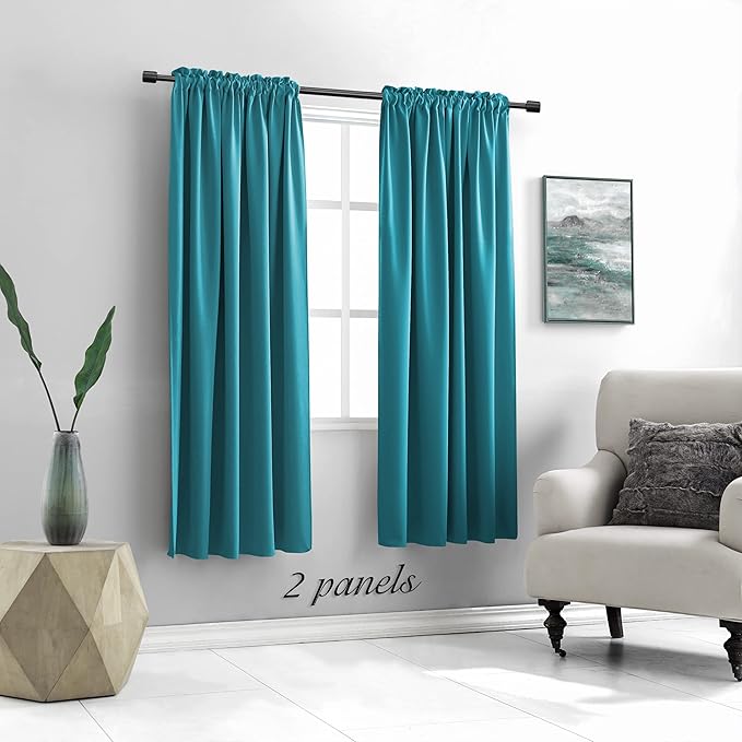 DONREN 72 Inch Length Teal Curtains for Kitchen - Small Window Treatment Room Darkening Rod Pocket Curtain Drapes(52 W x 72 L,Set of 2 Panels)