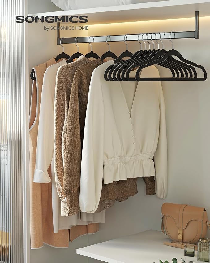 SONGMICS Velvet Hangers 100 Pack, Non-Slip Clothes Hangers with Silver-Colored Swivel Hooks, Slim Space-Saving for Closet, Heavy-Duty, Black UCRF026BZ02S