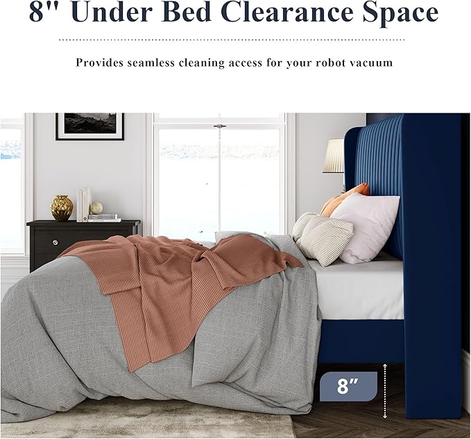 Allewie King Size Velvet Bed Frame/Vertical Channel Tufted Wingback Headboard/Upholstered Platform Bed/Strong Wooden Slats/No Box Spring Needed/Easy Assembly/Blue