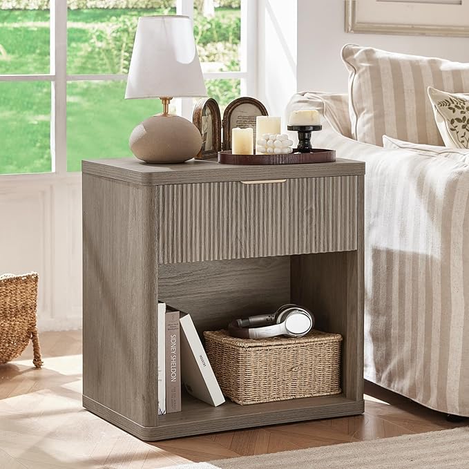 LEYAOYAO 48" Wide Fluted Dresser and 1 Drawers 23" Nightstand Set of 2, Wooden Dresser & Night Stand with Charging Station, 3 Piece Bedroom Furniture Set, Chest of Drawer for Living Room,Grey