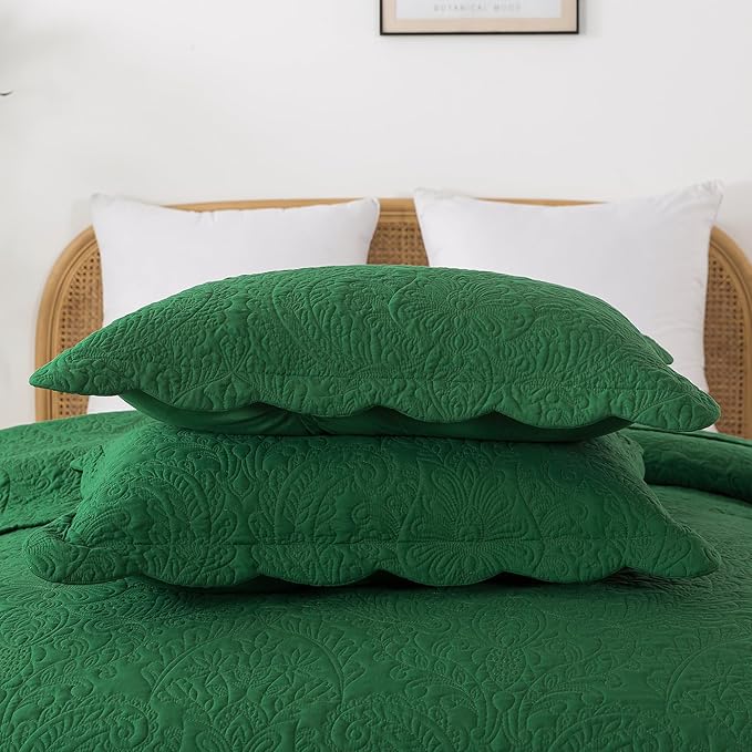 HoneiLife Queen Size Quilt Sets - 3 Piece Queen Quilt Bedding Set Microfiber Quilt Set Lightweight Bedspreads Reversible Coverlets Retro Bed Cover Floral Bedding Set All Season Quilts-Green