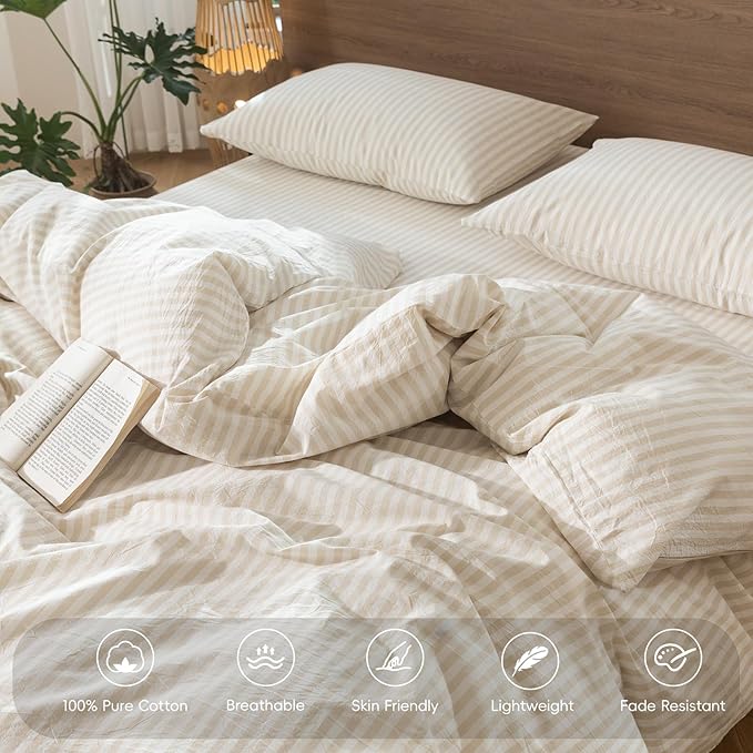 MooMee Striped Duvet Cover Set 100% Washed Cotton Linen Like Textured Breathable Durable Soft Comfy (Almond Milk Grey Classic Stripes, Full 80"x90")