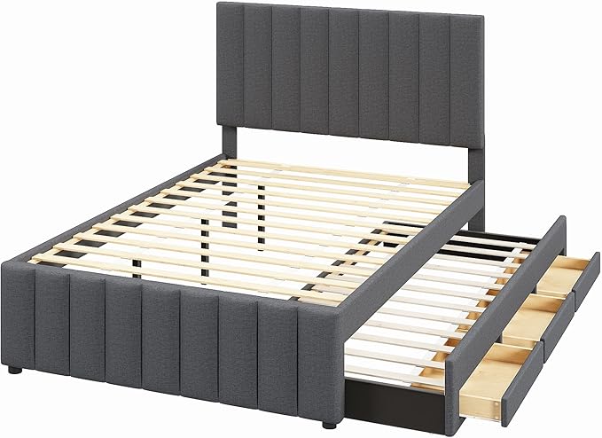 Bellemave Full Size Bed Frame with Twin Trundle Bed and Storage Drawers,Linen Upholstered Bed Frame,Full Size Trundle Bed with Adjustable Headboard for Kids Teens Adults,Gray